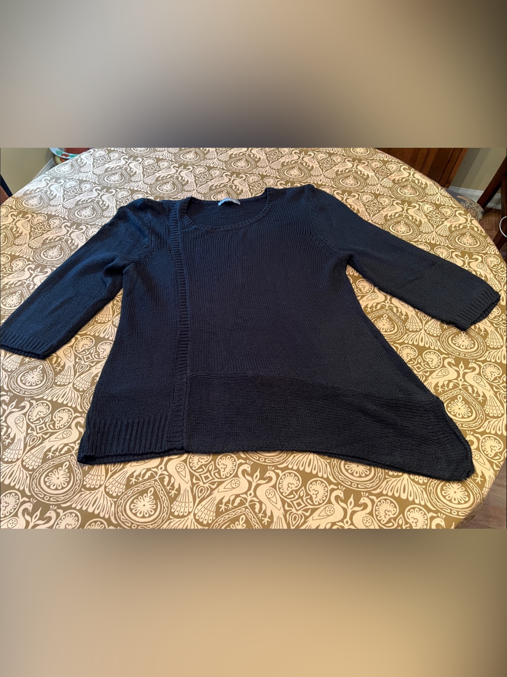 NY Collection Black Knit Crewneck Sweater Asymmetrical Hem 3/4 Sleeve